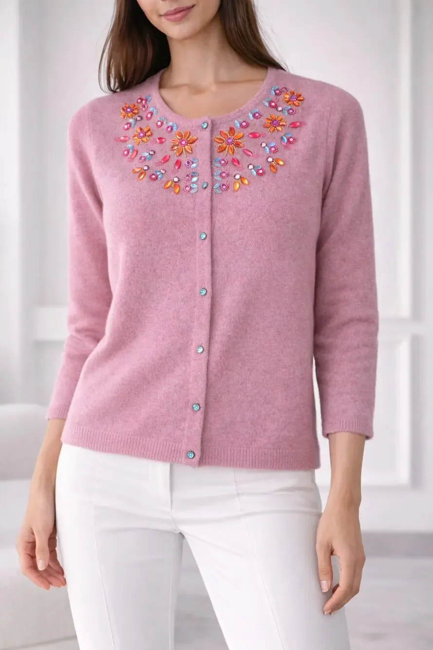 Free People Pink Embroidered Cardigan Sweater Womens Medium New Lilac